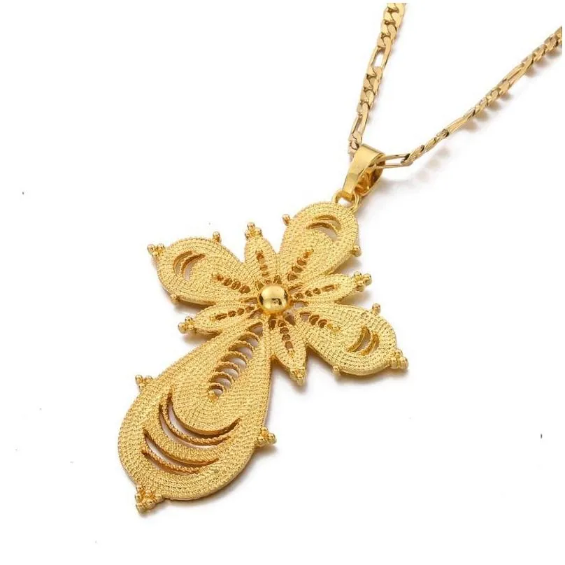 Pendant Necklaces Pendant Necklaces Ethiopian Trendy Cross For Women Eritrea Africa Gold Color Crosses Chain Jewelrypendant Drop Deliv Dhwke