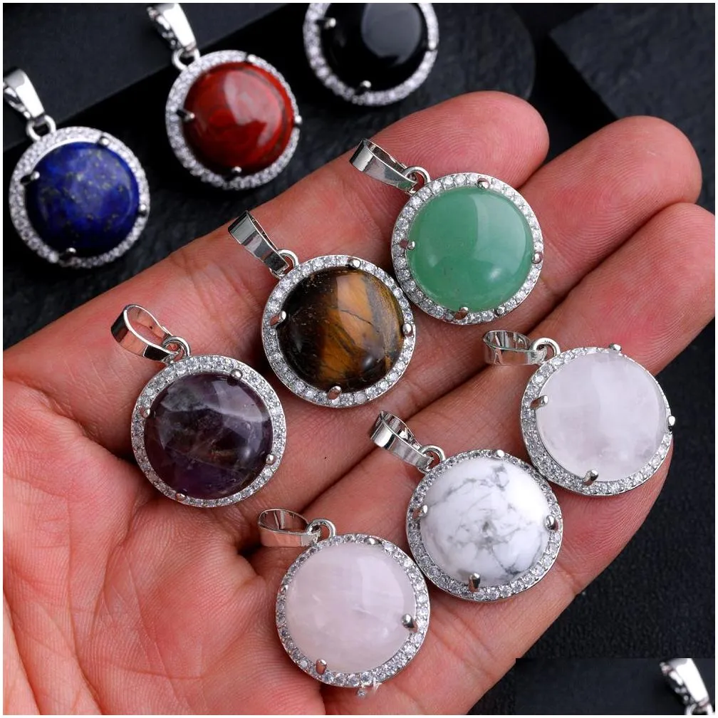 round zircon natural stone pendant for women rose quartz amethyst tiger eye charms for jewelry making necklaces wholesale