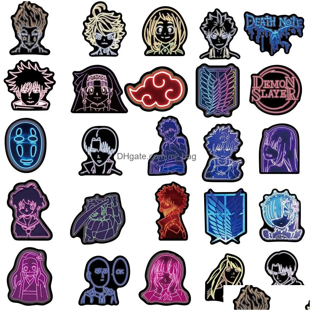 Other Decorative Stickers 50Pcs Mixed Neon Light Stickers Attack On /Demon Slayer Iti Motorcycle Lage Diy Toy Decal For Kid Drop Dhk6X