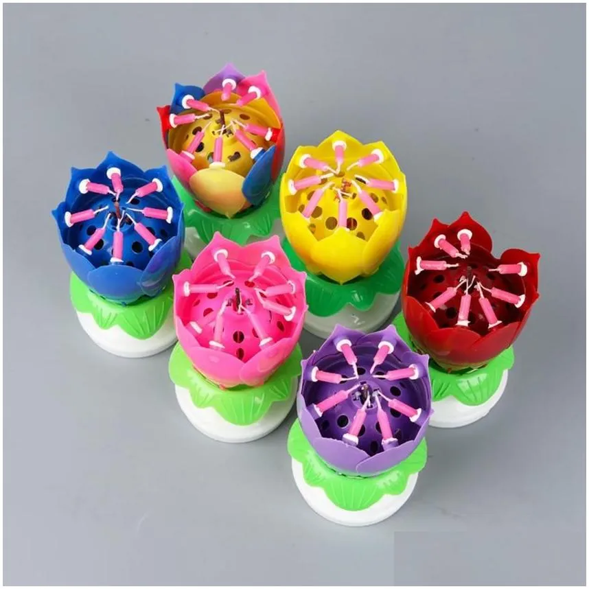 Candles Musical Birthday Cake Candle Lotus Flower Floral Rotating Sparkling Candles Accessory Gift Drop Delivery Home Garden Home Deco Dhfyn