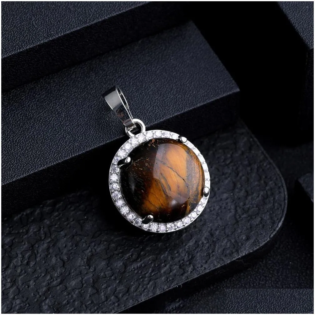 round zircon natural stone pendant for women rose quartz amethyst tiger eye charms for jewelry making necklaces wholesale