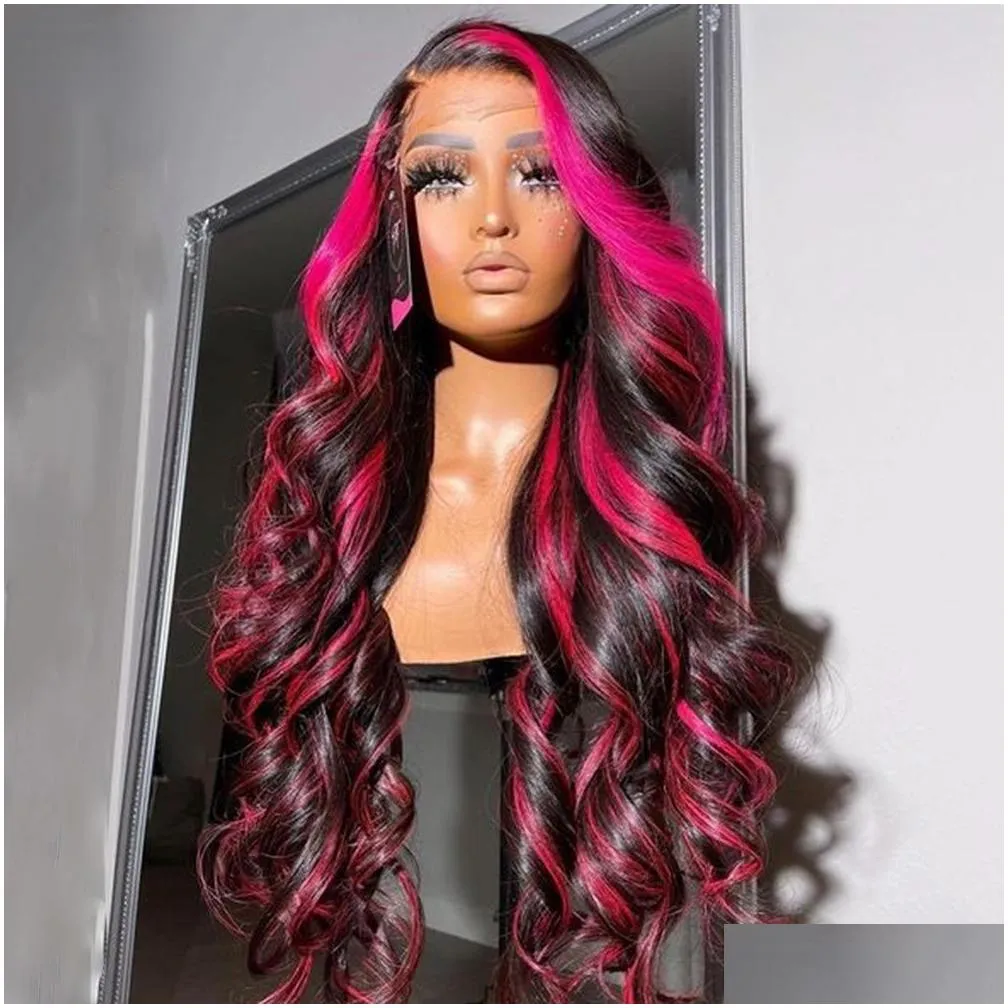 Synthetic Wigs 36Inch Ombre Pink Color Body Wave Wig Human Hair Pre Plucked 13X4 Synthetic Lace Front Wigs For Drop Delivery Hair Prod Dh09N