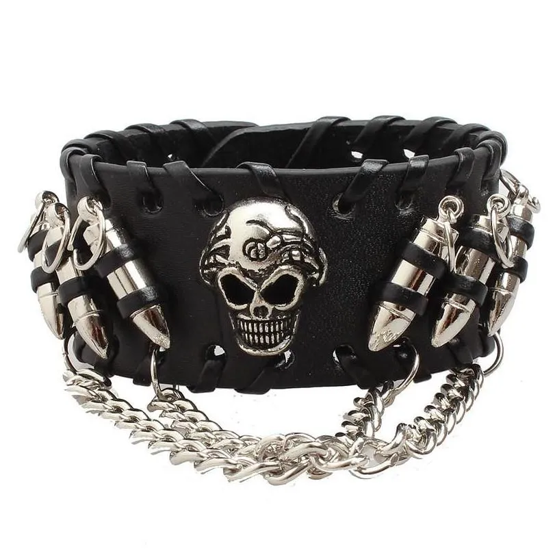 bangle fashion gothic punk skull metal leather bracelet men bracelets bangles male arm jewelry red and black 2022 accessor trum22