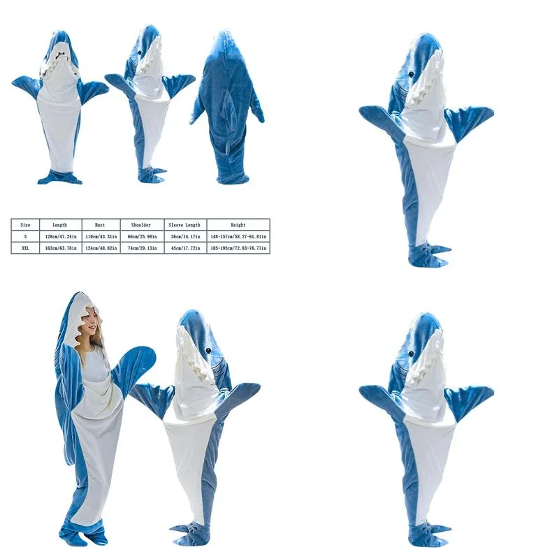 Blankets Blankets Soft Warm Shark Blanket For Adts With Hooded Design And Loose Jumpsuit 230809 Drop Delivery Home Garden Home Textile Dh6Sg