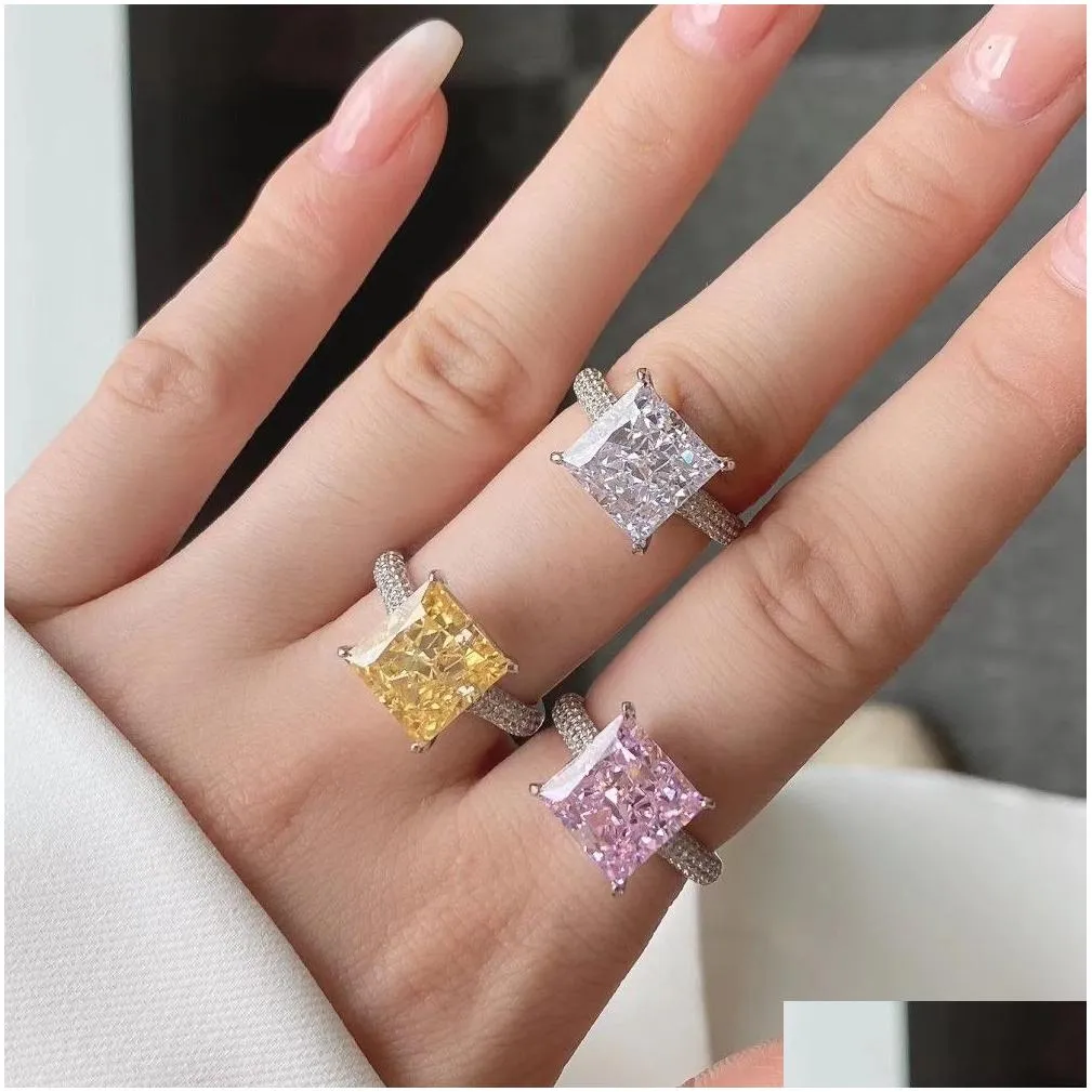 Wedding Rings Luxurious Designer Jewelry Zirconia Real 925 Sterling Sier Ring For Woman Heart Sqaure Circle White Pink Blue Love Diamo Dhpsw