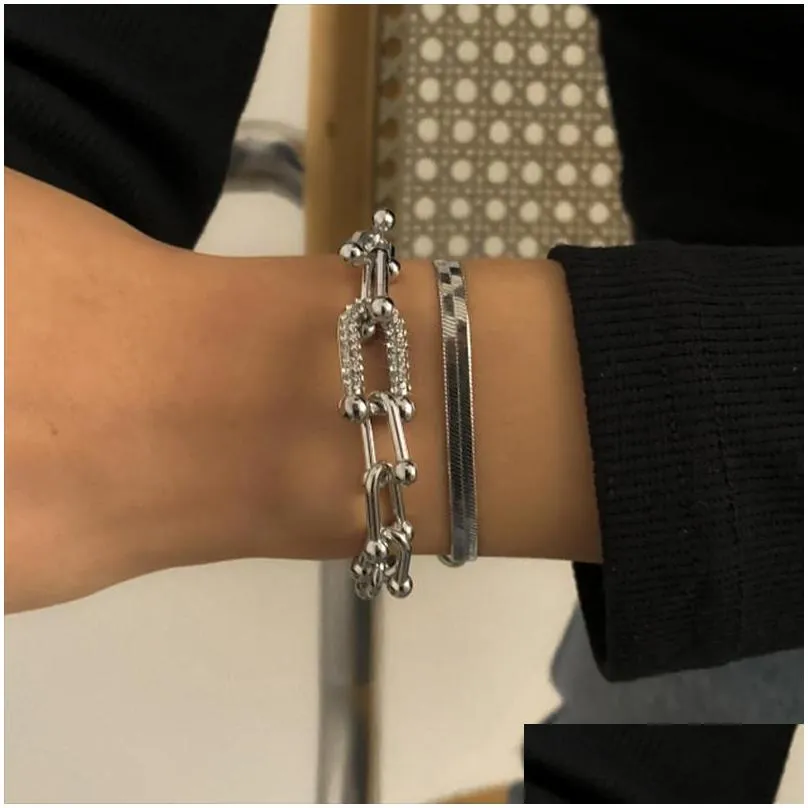 Chain Link Chain Crystal U-Shaped Buckle Metal Bangle Bracelet Statement Gold Sier Color Fashion Pseras Women Bijoux Gift Drop Deliver Dh4H1