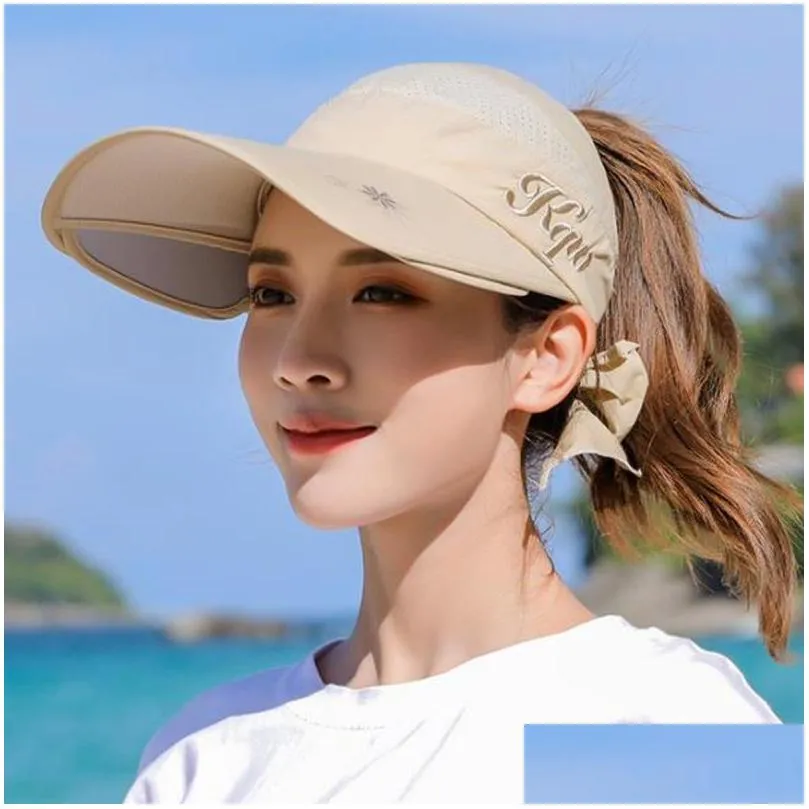 Wide Brim Hats Wide Brim Hats Womens Sun Hat Empty Top Visor Retractable Big Elastic Golf Female Summer Breathable Sweat Absorbent Bea Dhnmi