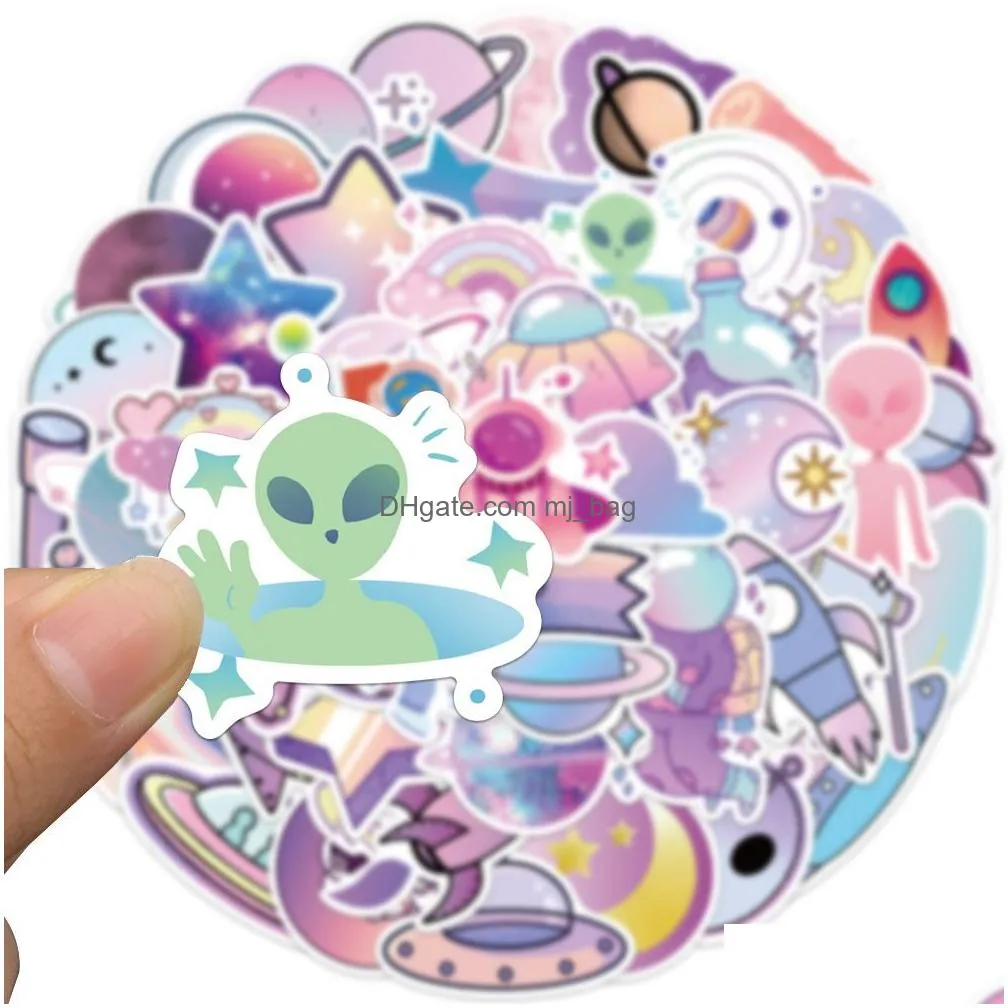 Other Decorative Stickers 50Pcs Cute Gradient Color Cartoon Planet Nasa Stickers Astronaut Alien Decals Suitcase Scrapbook Phone Lapto Dhohu