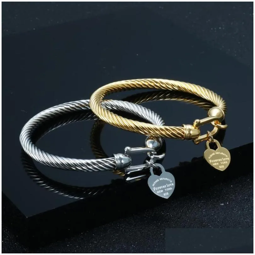 Bangle Titanium Steel Bangle Wire Gold Color Love Heart Charm Bracelet With Hook Closure For Women Men Wedding Jewelry Gifts1 Drop Del Dhabf