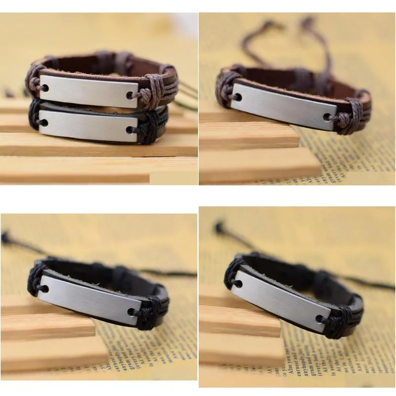 Charm Bracelets Supply Cool New Genuine Leather Bracelet Jewelry Bangle Cuff Pewter Metal Blank Plate Charm Bracelets Drop Delivery Je Dhkm7