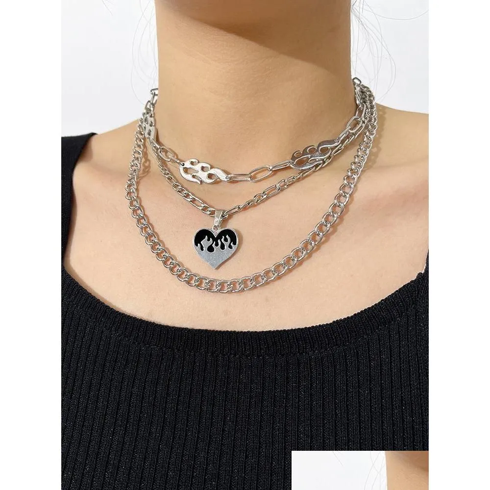 Pendant Necklaces Aprilwell 3Pcs Love Flame Gothic Necklace For Women Aesthetic Stainless Steel Choker Chain Y2K Jewelry Girl Friend D Dh5Qo