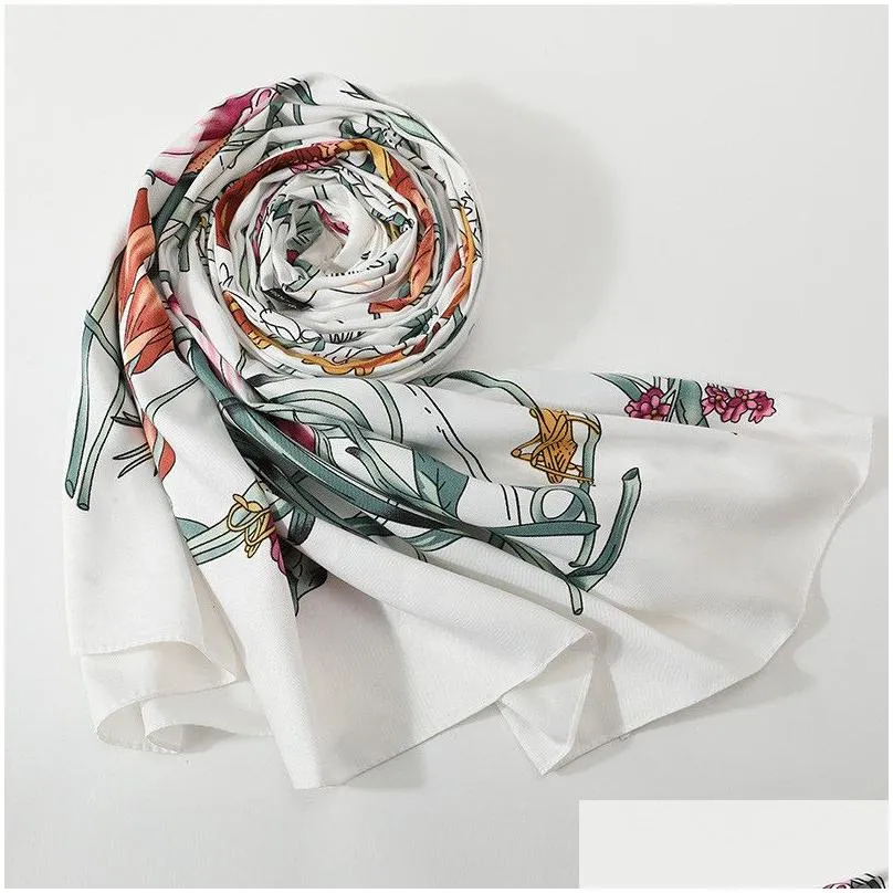 New Twill Silk Scarf Women Fashion Large Hijab Vine Flower Printing Square Scarves Shawls Wraps Female Foulard Bandana 130cm*130cm