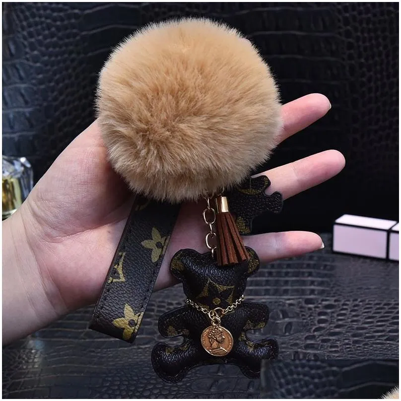 Cute Pompom Keychains Fashion Cat Teddy Bear Designer Key Chain Ring Gifts Women PU Leather Car Buckles Bag Charm Accessories Men Animal Keyring