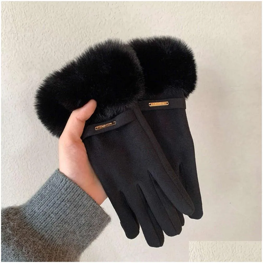 Mittens Glove Designer Gloves Touch Sn Winter Womens Plush And Thick Windproof Cotton Cycling Driving Cold Resistant Five Finger Drop Ot3X1