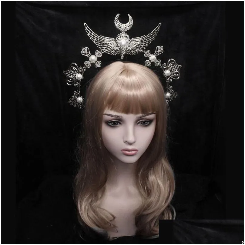 Hair Accessories Handmade Lolita Headband Golden Mary Apollo Sun Halo Angel Goddess Gothic Crown Goth Headpiece Filigree For Bride Pos Dh7Sv