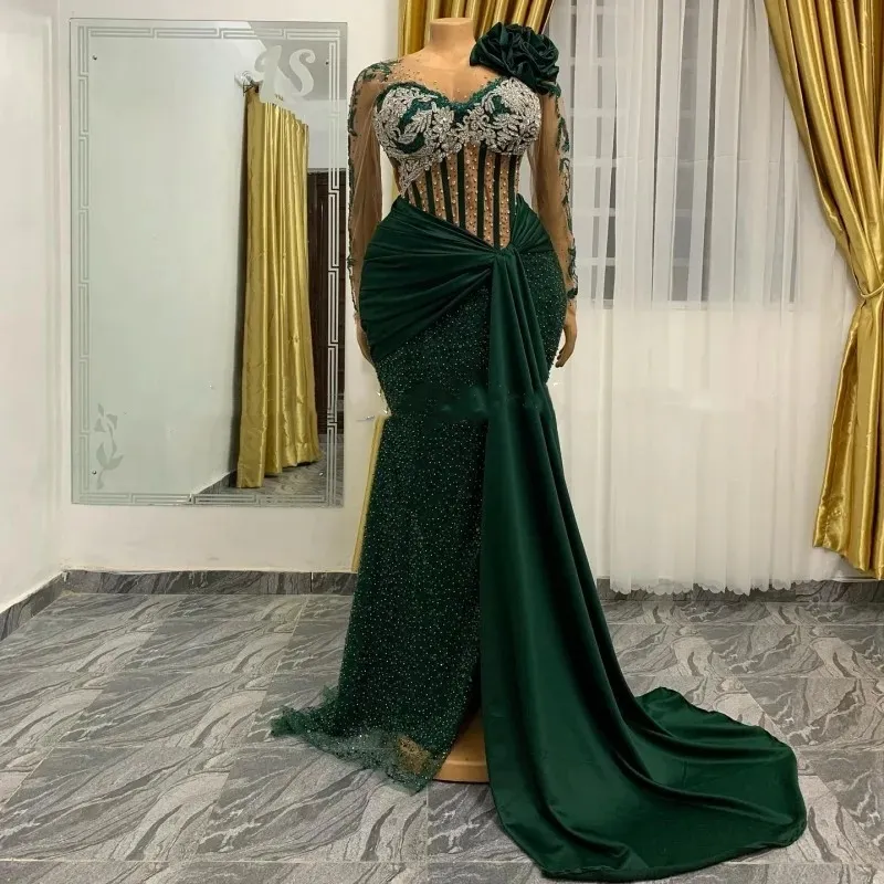 African Women Green Evening Dresses For Women Sequin Mermaid Prom Gowns Beading Bridal Reception Party Dress Robes De Gala