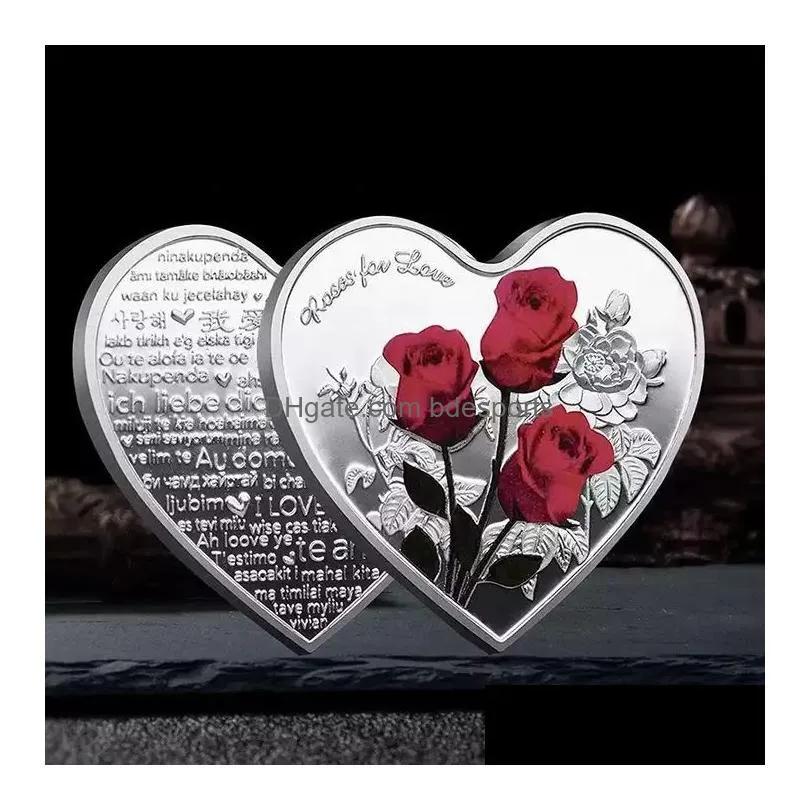 Arts And Crafts Heart-Shaped Rose Valentines Day Gift Metal Commemorative Coins 52 Languages I Love You Medal Challenge Coin Crafts Wl Dh1Vr