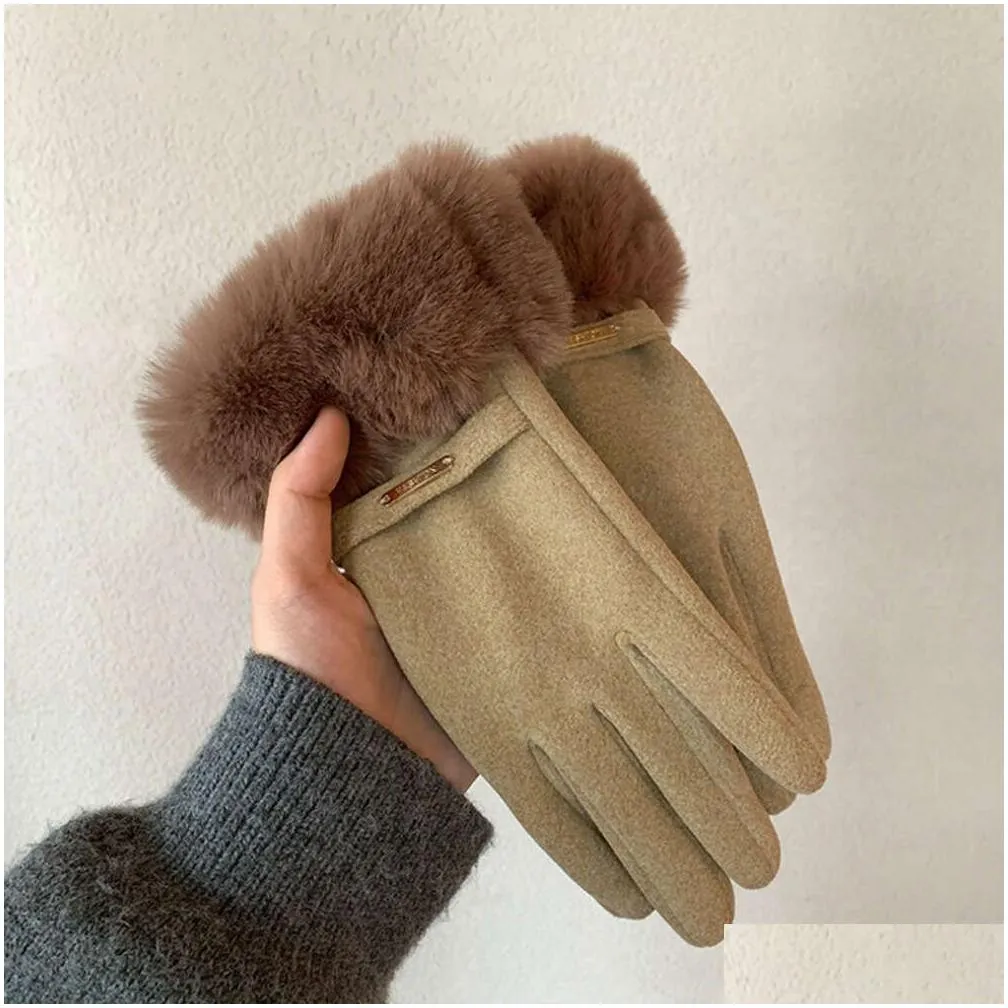 Mittens Glove Designer Gloves Touch Sn Winter Womens Plush And Thick Windproof Cotton Cycling Driving Cold Resistant Five Finger Drop Ot3X1