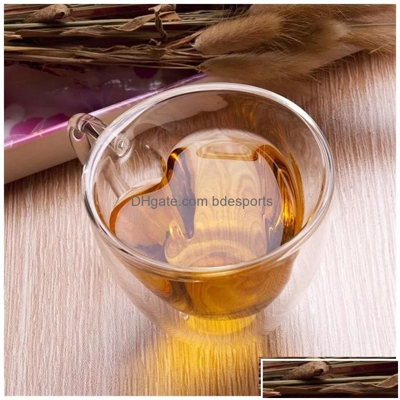 Mugs Mugs 180Ml 240Ml Double Wall Glass Coffee Transparent Heart Shaped Milk Tea Cups With Handle Romantic Gifts Drop Delivery Home Ga Dhqi7