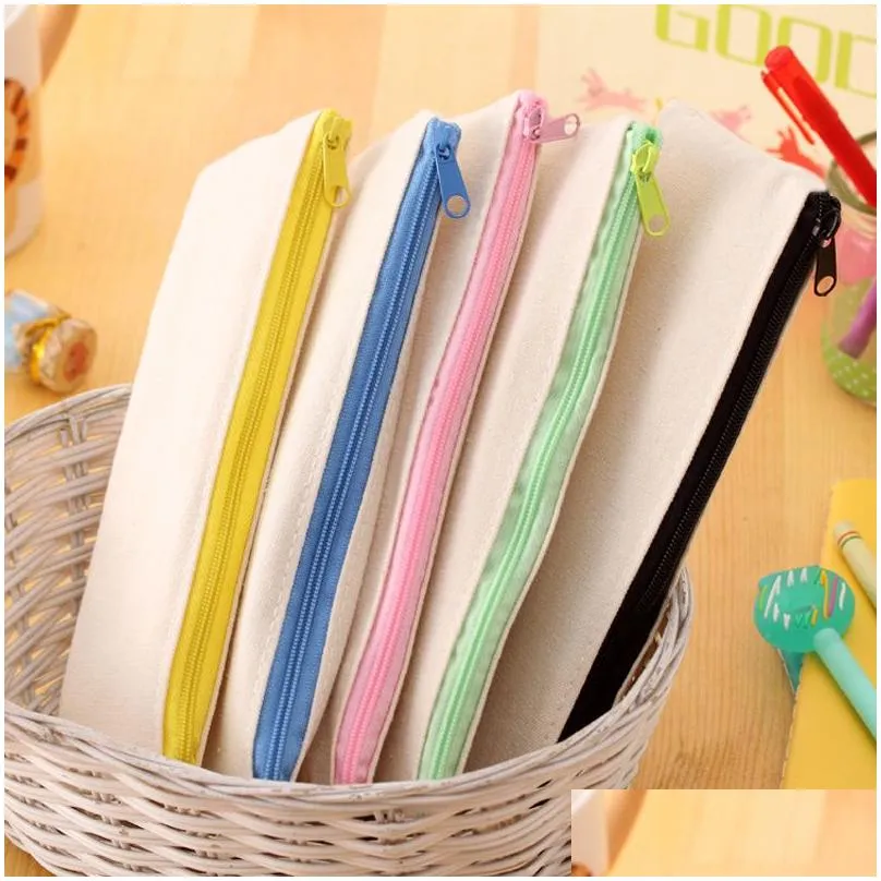 Pencil Bags Wholesale 20Pcs/Lot 20.5X8.5Cm Diy White Canvas Blank Plain Zipper Pencil Pen Bags Stationery Cases Clutch Organizer Bag G Otrya