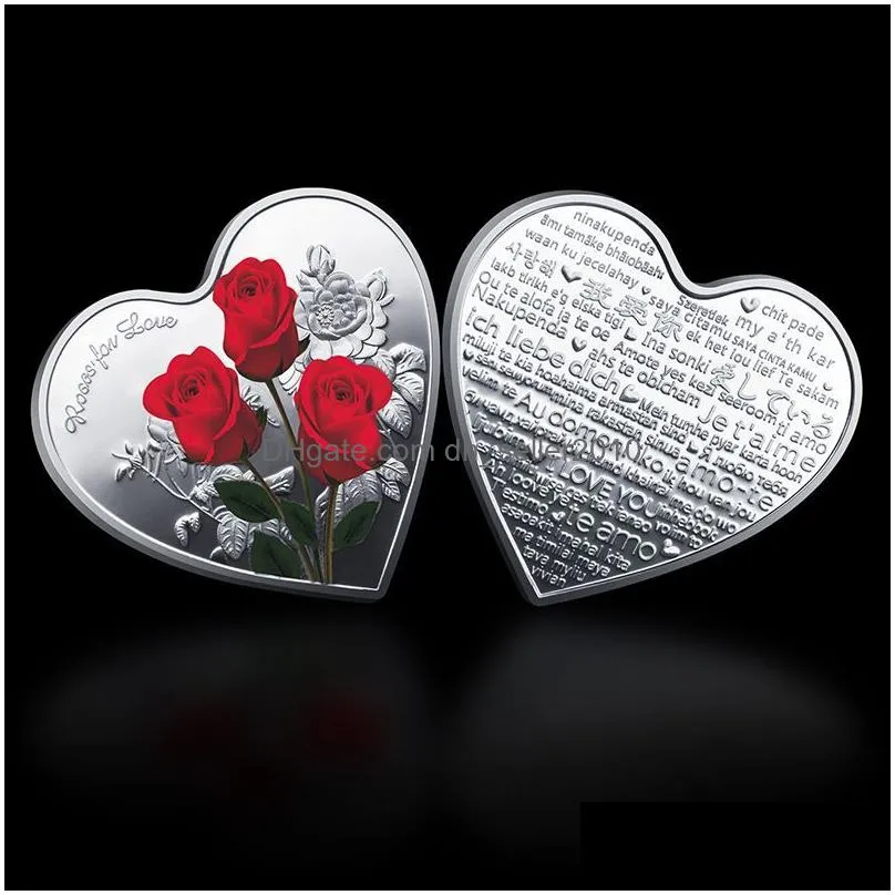 Arts And Crafts Heart-Shaped Rose Valentines Day Gift Metal Commemorative Coins 52 Languages I Love You Medal Challenge Coin Crafts Wl Dh5P8