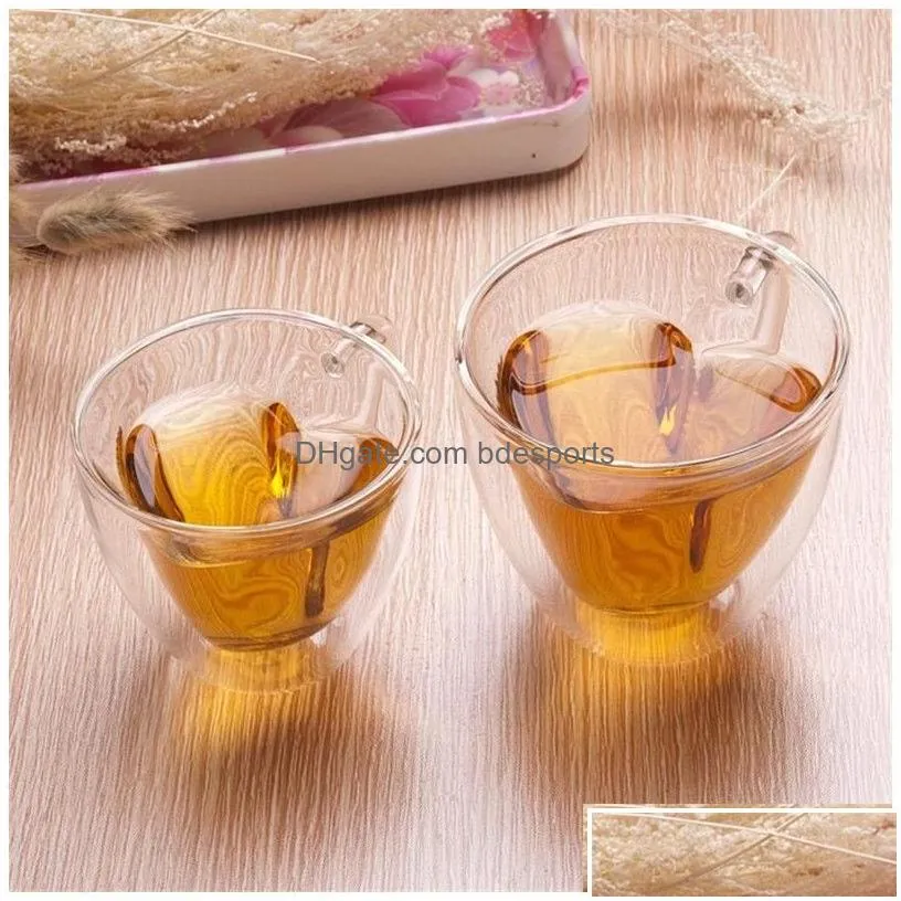 Mugs Mugs 180Ml 240Ml Double Wall Glass Coffee Transparent Heart Shaped Milk Tea Cups With Handle Romantic Gifts Drop Delivery Home Ga Dhqi7