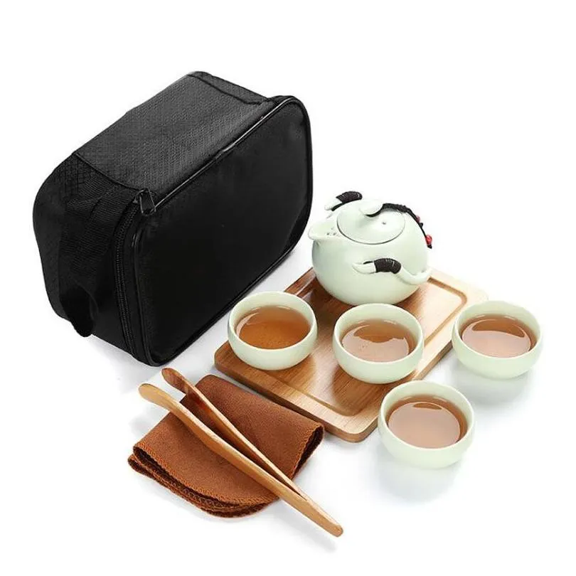 Coffee & Tea Sets Handmade Chinese / Japanese Vintage Kungfu Gongfu Tea Set - Porcelain Teapot 4 Teacups Bamboo Tray With A Portable T Otupq