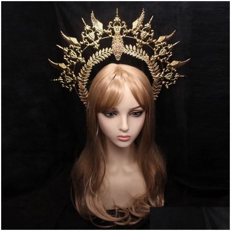 Hair Accessories Handmade Lolita Headband Golden Mary Apollo Sun Halo Angel Goddess Gothic Crown Goth Headpiece Filigree For Bride Pos Dh7Sv