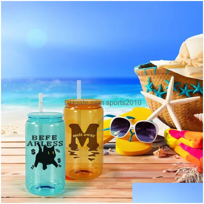 Mugs Sublimation Colorf 16Oz Glass Tumbler Can With Lids Clear Glasses Reusable St Beer Transparent Frosted Soda Cup Drinking Cups New Dh958