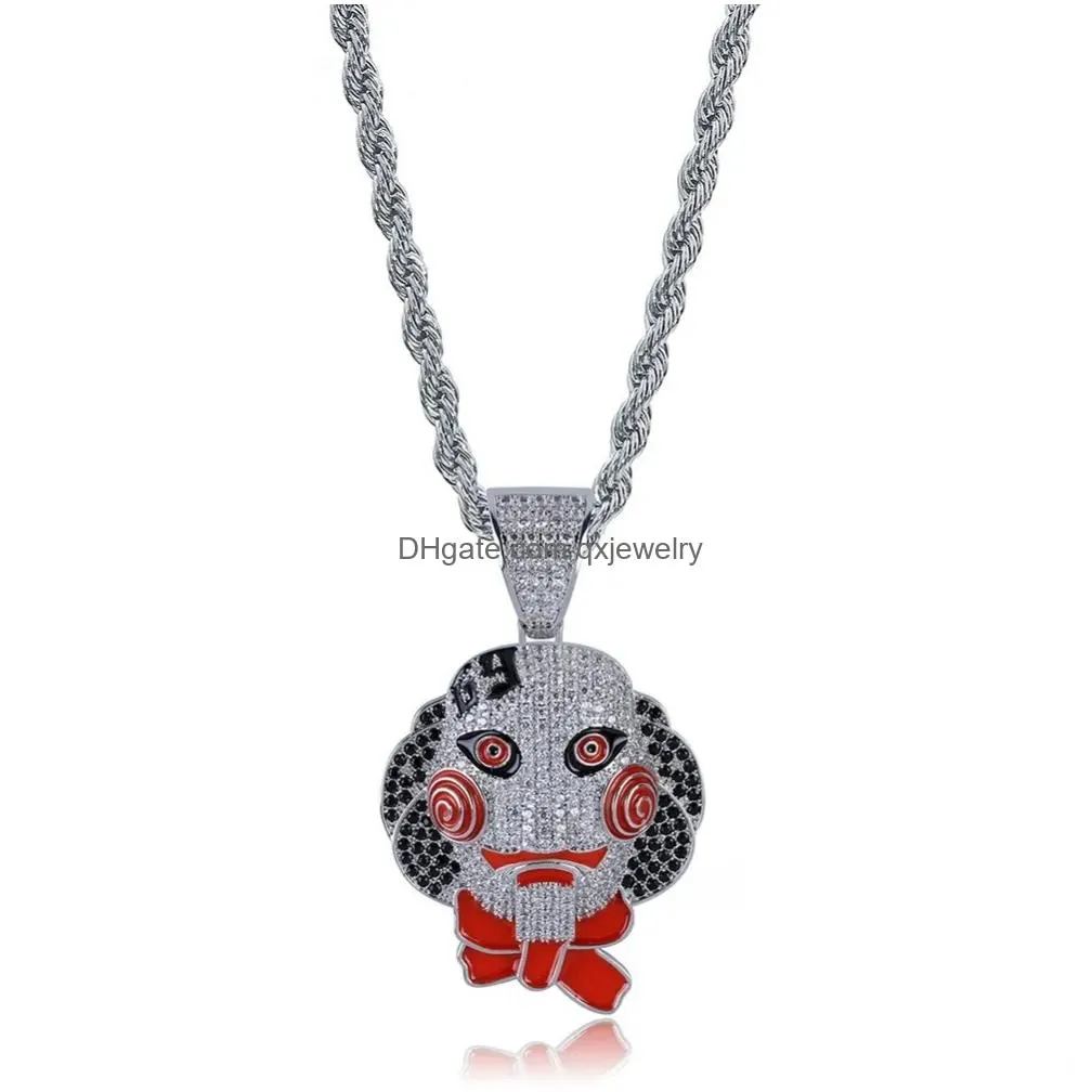 Pendant Necklaces Doll Head Mask Pendant Necklace Iced Out Cubic Zircon Hip Hop Gold Sier Color Men Women Charms Chain Jewelry3136386 Dhzwc