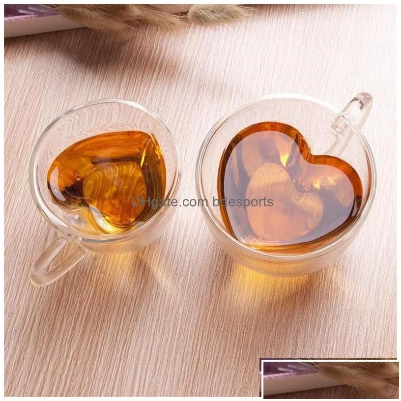 Mugs Mugs 180Ml 240Ml Double Wall Glass Coffee Transparent Heart Shaped Milk Tea Cups With Handle Romantic Gifts Drop Delivery Home Ga Dhqi7