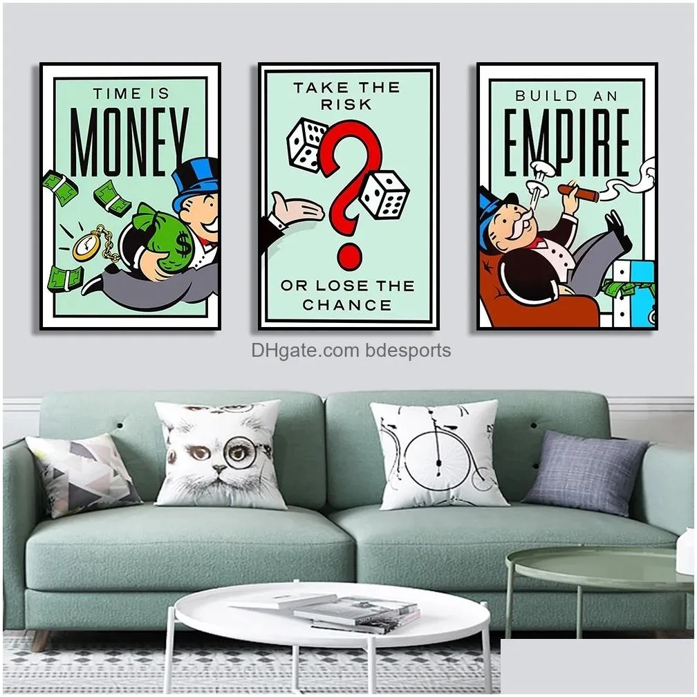 Paintings Monopoly Millionaire Money Canvas Decorative Painting Motivational Quote Art Poster Cartoon Figure Mural Home Wall Decor Pic Dh4Zg