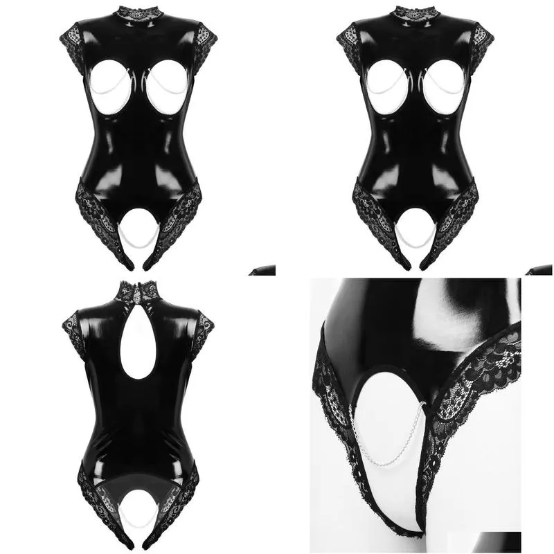 One-Piece Suits One-Piece Suits Womens Open Breast Crotchless Bodysuit Underwear Wet Look Patent Leather Lingerie High Neck Lace Trimm Dh1Ja