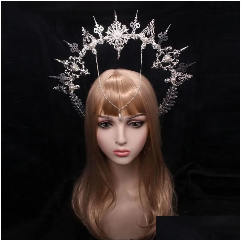 Hair Accessories Handmade Lolita Headband Golden Mary Apollo Sun Halo Angel Goddess Gothic Crown Goth Headpiece Filigree For Bride Pos Dh7Sv