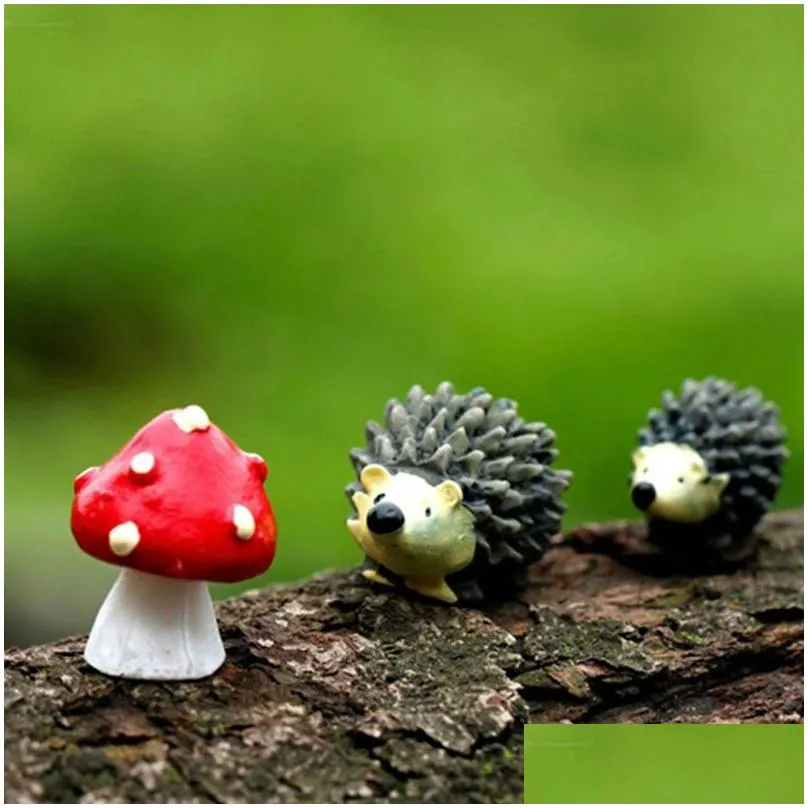 Garden Decorations New Wholesale20 Sets /Resin Hedgehog And Mushroom/Miniatures/Lovely Animals/Fairy Garden Gnome/Terrarium Decoration Otcwv