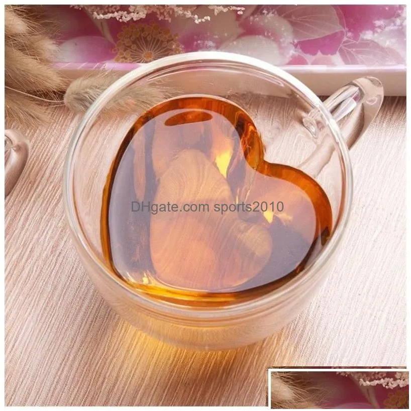 Mugs Mugs 180Ml 240Ml Double Wall Glass Coffee Transparent Heart Shaped Milk Tea Cups With Handle Romantic Gifts Drop Delivery Home Ga Dhqca