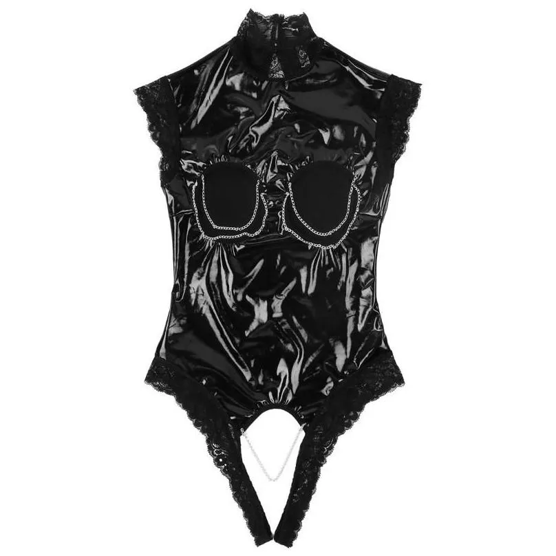 One-Piece Suits One-Piece Suits Womens Open Breast Crotchless Bodysuit Underwear Wet Look Patent Leather Lingerie High Neck Lace Trimm Dh1Ja