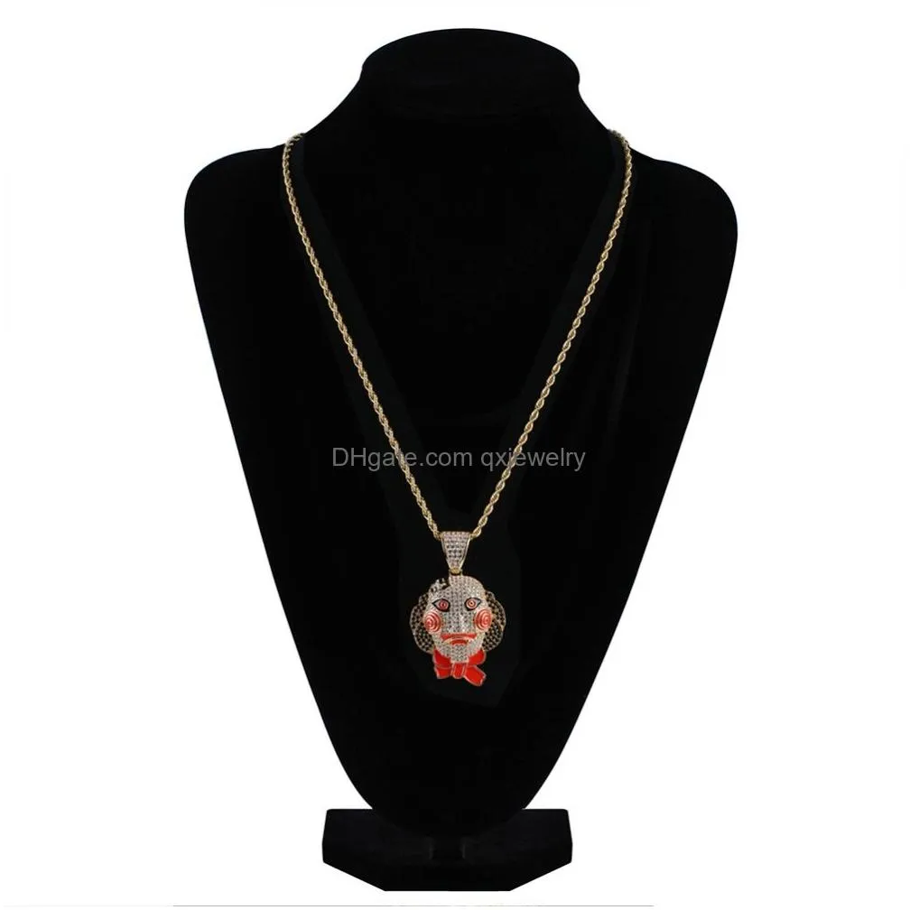 Pendant Necklaces Doll Head Mask Pendant Necklace Iced Out Cubic Zircon Hip Hop Gold Sier Color Men Women Charms Chain Jewelry3136386 Dhzwc