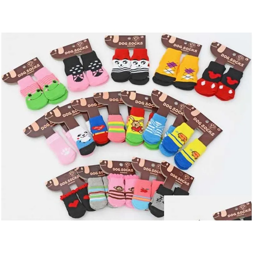 Dog Apparel Pet Dog Cat Warm Socks For Winter Cute Puppy Dogs Soft Cotton Anti-Slip Knit Weave Sock Clothes 4Pcs/Set Drop Delivery Hom Otmus