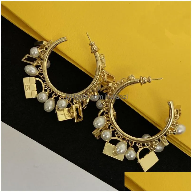 women designer ear studs gold silver luxury brand letter peal hoop earrings simple style jewelry big circle f earring for lady party