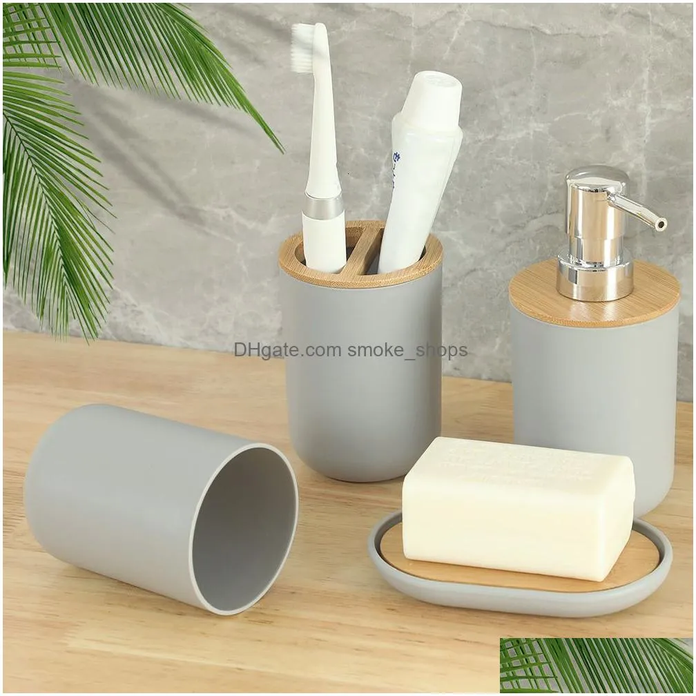 bath accessory set bathroom accessories 6pieces bamboo shower kit soap dispenser toothpaste toothbrush holder toilet brush trash can