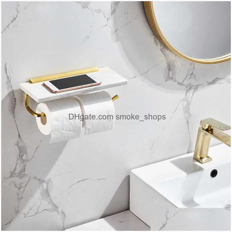 marble paper towel rack toilet holder wall hanging box cell phone shelf bathroom accessories brushed gold bar 210720
