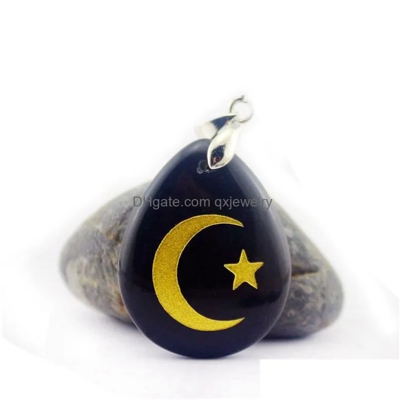 Pendant Necklaces Natural Stone Water Drop Shape Aura Pendant Necklace Engraved Islamic Star Moon Reiki Symbol Pattern Pendants Heal C Dheji