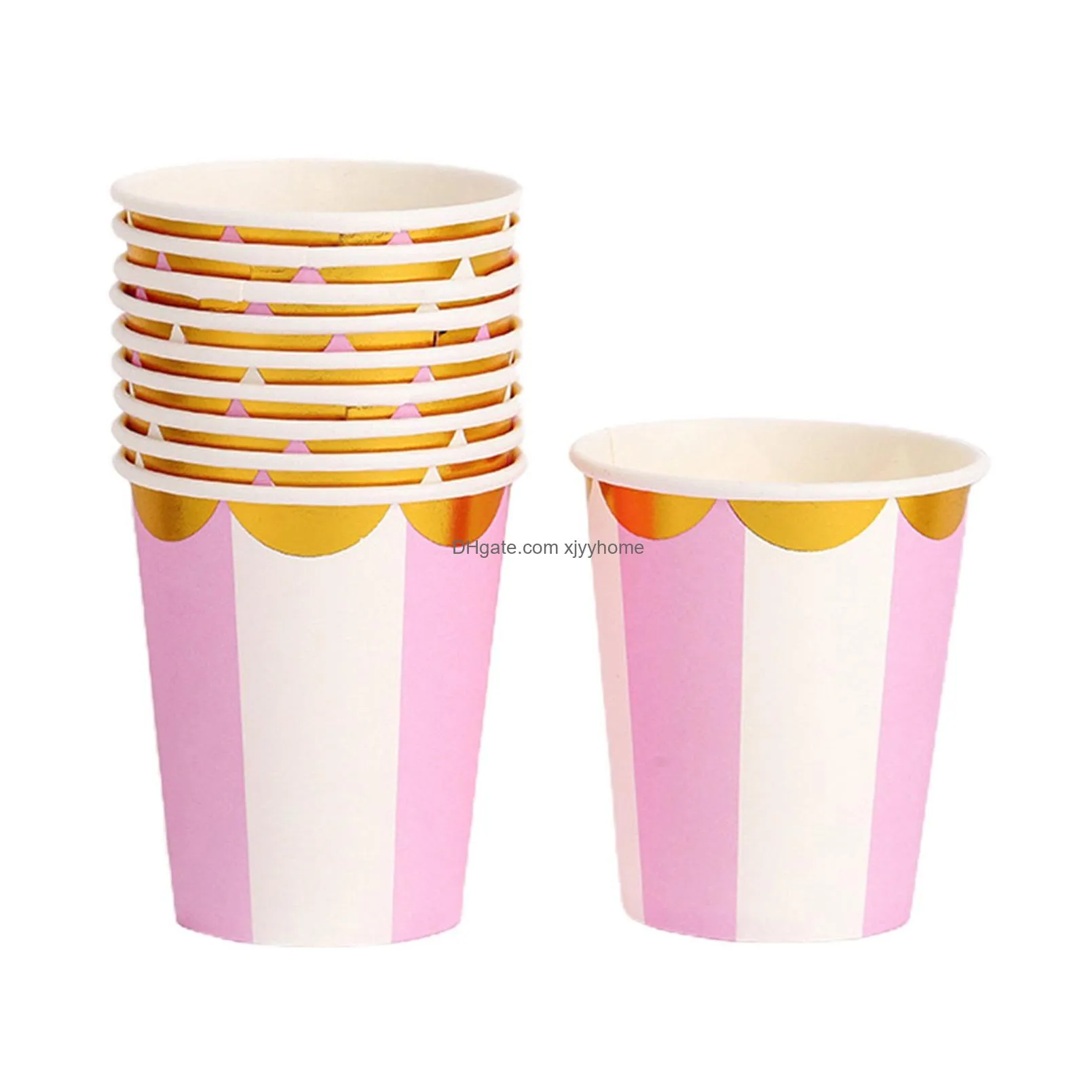 Disposable Cups & Straws 8 Pack 9Oz Gold Disposable Paper Cup Tableware Pink Tablewares For Baby Shower Party Supplies Drop Delivery H Dh7Ep