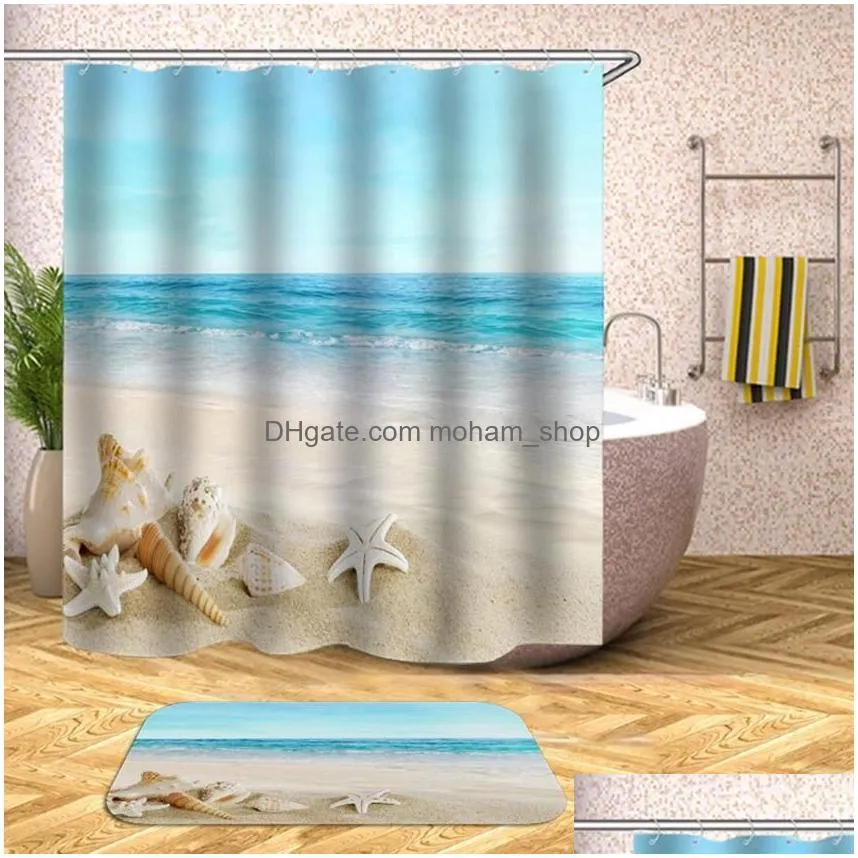35waterproof shower curtain beach shell sea bath curtains for bathroom bathtub bathing cover extra large wide with 12pcs hooks t200711
