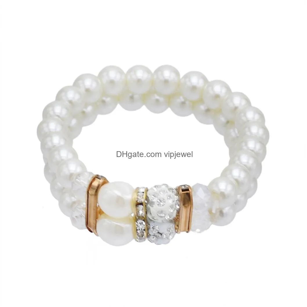 elegant double layer with white imitation pearl and crystal lady diamond beaded bracelet jewelry love gift