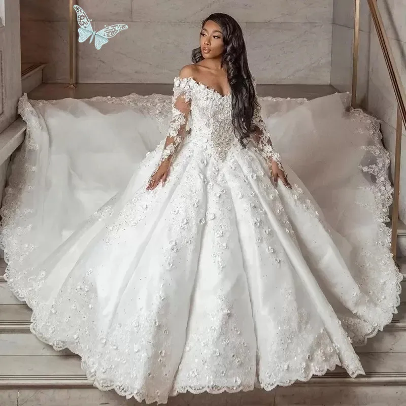 Luxury Arabic Dubai Wedding Dresses 3D Flower Lace V-neck Off Shoulder Bridal Gowns Church Train Vestidos De Novia Floral Formal Brides Dress Ball Gown