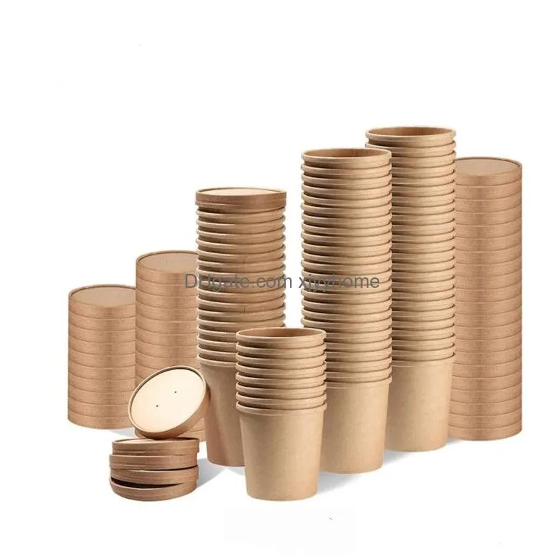 Disposable Take Out Containers Kraft Paper Cups Soup Bowls Containers Ice Cream Food Disposable Dessert Cup With Lids Drop Delivery Ho Dh4Na