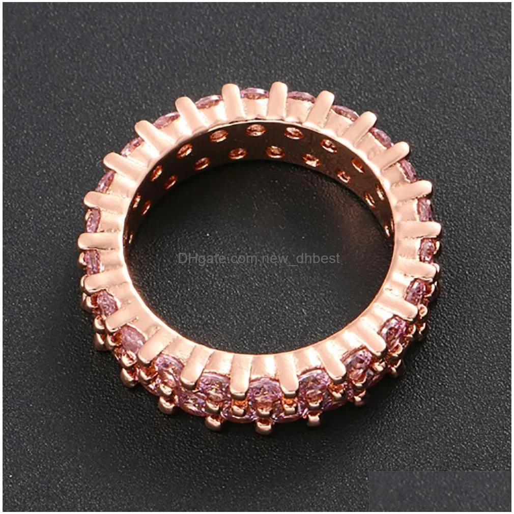 Cluster Rings Iced 2 Row 360 Eternity Pink Stone Rings Micro Pave Cubic Zirconia Rose Gold Plated Simated Diamonds Hip Hop Ring For Me Dhugr