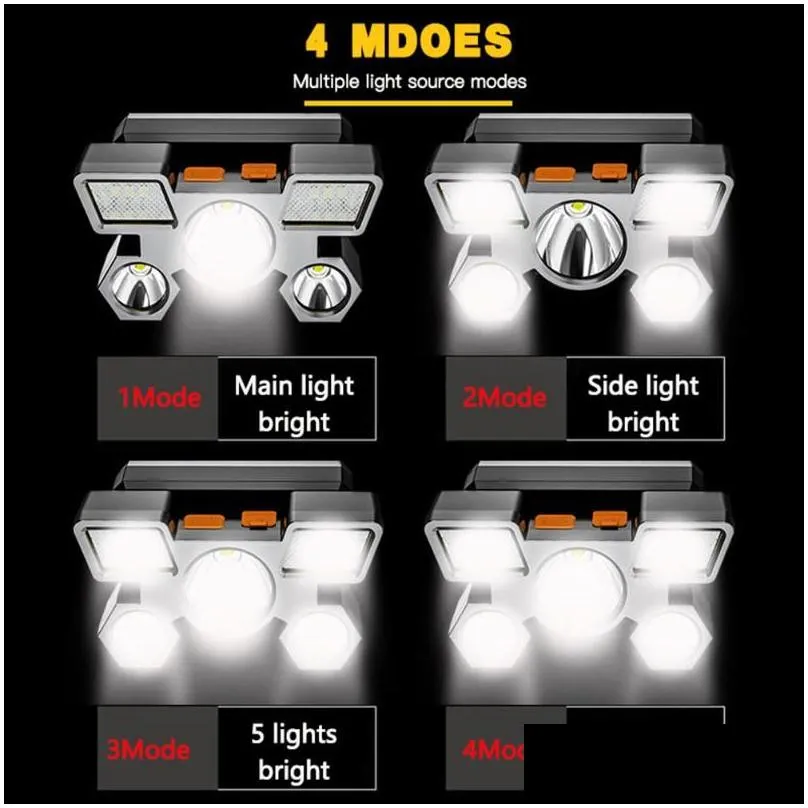 Headlamps Headlamps Portable Led Headlight 5 Light Ces Tra Bright Rechargeable Headlamp 4 Modes Waterproof Cam Torch Powerf Head Drop Dhho5